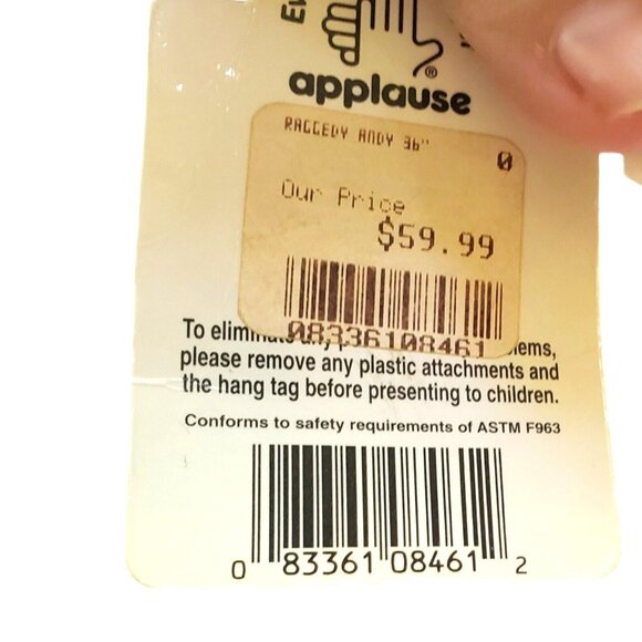 Vintage 1991 Applause 36" Raggedy‎ Andy Cloth Doll EUC Tags Great Condition Tags - Picture 8 of 9